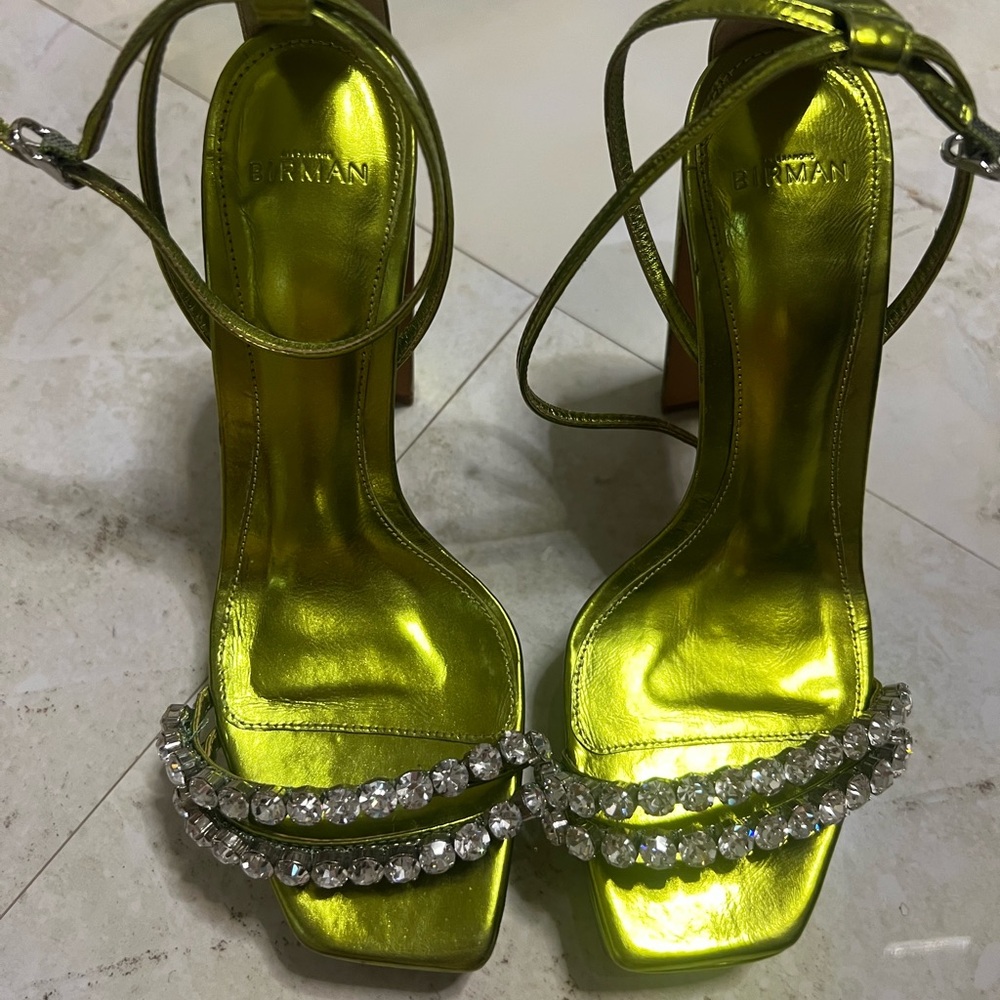Alexandre Birman Metallic Lime Heels with Crystal Embellishments